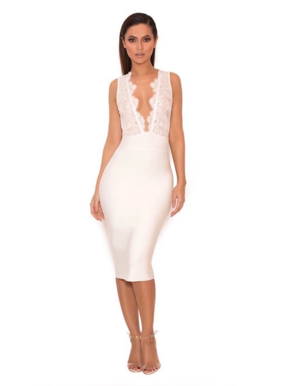 House Cb London Ria White Lace Bandage Deep V Neck Dress